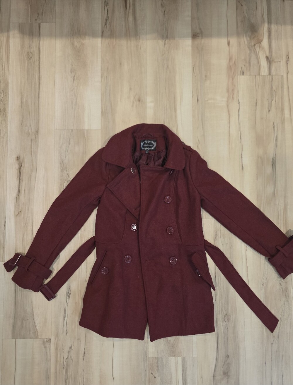 Wool-Blend Double-Breasted Burgundy Trench Coat